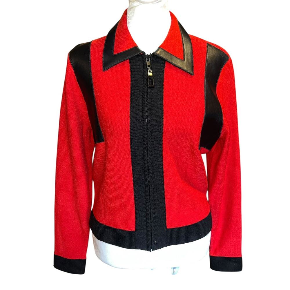 RICH and LEVY Womens Zip up Front Red Black Knit leather trim Sweater Small